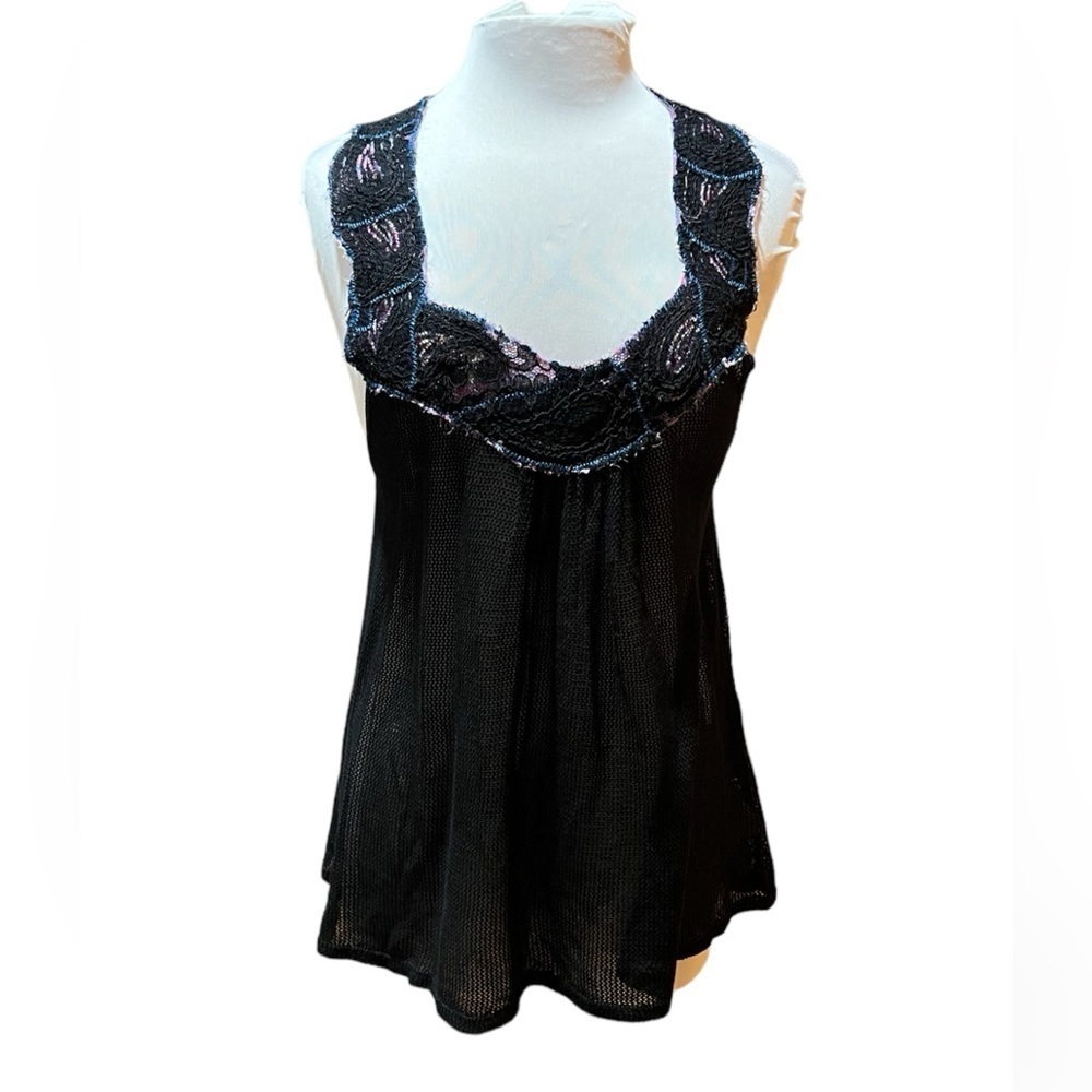 Free People Mesh Sleeveless Tank with Lace Floral Trim - Large